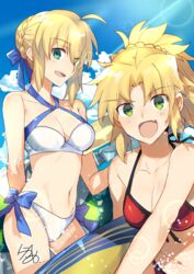  2girls :d ahoge artist_name artoria_pendragon_(fate) artoria_pendragon_(swimsuit_archer)_(fate) artoria_pendragon_(swimsuit_archer)_(first_ascension)_(fate) beach bikini blonde_hair blue_sky braid breasts cloud cloudy_sky collarbone commentary_request criss-cross_halter day fate/apocrypha fate/grand_order fate_(series) french_braid green_eyes halterneck highres holding holding_surfboard lens_flare light_rays long_hair looking_at_viewer medium_breasts mordred_(fate) mordred_(swimsuit_rider)_(fate) mordred_(swimsuit_rider)_(first_ascension)_(fate) multiple_girls nikame oerba_yun_fang open_mouth outdoors parted_bangs ponytail sidelocks signature sky smile sunbeam sunlight surfboard swimsuit v-shaped_eyebrows white_bikini 