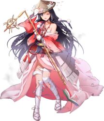  ;o artist_request black_hair braid broken_staff female fingerless_gloves flower fukushima_(oshiro_project) full_body gloves hat holding holding_staff japanese_clothes long_hair one_eye_closed oshiro_project:re sarashi solo staff torn_clothes transparent_background very_long_hair 