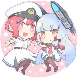  2girls :d admiral_minami_kazusa bad_id bad_twitter_id belt black_pantyhose blue_hair blunt_bangs blush chibi commentary_request crop_top dress female_admiral_(kancolle) gloves hair_ribbon hat headgear high_heels holding_hands interlocked_fingers kantai_collection long_hair long_skirt looking_at_viewer military military_hat military_uniform multiple_girls murakumo_(kancolle) nagomi_(mokatitk) open_mouth orange_eyes outstretched_hand pantyhose red_eyes red_hair remodel_(kantai_collection) ribbon sailor_dress school_uniform serafuku short_eyebrows short_hair short_sleeves sidelocks skirt smile tassel thighband_pantyhose tress_ribbon uniform 