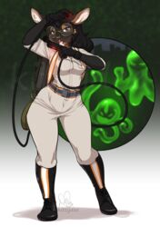  2016 annie_(theredhare_and_demicoeur) anthro biped black_hair boots clothed clothing digital_media_(artwork) domestic_rabbit eyewear female footwear ghostbusters glasses gradient_background hair hi_res kittydee lagomorph leporid looking_at_viewer mammal open_mouth oryctolagus rabbit rex_rabbit shaded simple_background solo standing suggestive theredhare tongue tongue_out wide_hips 