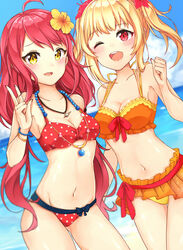  2girls ;d ahoge alternate_hairstyle bad_id bad_pixiv_id battle_girl_high_school beach bead_bracelet bead_necklace beads bikini blonde_hair blurry blush bow bow_bikini bracelet breasts cleavage clenched_hand cloud collarbone commentary_request cowboy_shot day depth_of_field dutch_angle flower frilled_bikini frills groin hair_flower hair_ornament halterneck hasumi_urara hibiscus jewelry long_hair looking_at_viewer low_twintails medium_breasts medium_hair mo_(k40633) multiple_girls nail_polish navel necklace ocean one_eye_closed open_mouth orange_bikini outdoors polka_dot polka_dot_bikini red_bikini red_eyes red_hair red_nails round_teeth seashell shell shell_necklace sidelocks sky smile standing swimsuit teeth thigh_gap twintails v watagi_michelle yellow_eyes 