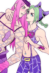  1boy blue_hair commentary_request cone_hair_bun double_bun female fishnet_top fishnets ginmu green_hair hair_bun hat jojo_no_kimyou_na_bouken kujo_jolyne long_hair multicolored_hair narciso_anasui photoshop_(medium) pink_hair stone_ocean two-tone_hair 