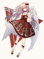  angel_wings artist_name beige_background blush bow center_frills clenched_hand commentary_request crossed_bangs dress feathered_wings female frilled_shirt_collar frilled_sleeves frilled_socks frills full_body hair_between_eyes hairbow hand_up highres kneehighs lolita_fashion long_hair long_sleeves looking_at_viewer original outline petticoat photoshop_(medium) pinafore_dress pink_hair print_dress red_bow red_dress red_footwear ribbon_trim shirt shoes skirt_hold sleeveless sleeveless_dress socks solo watermark white_outline white_shirt white_socks white_wings wings yellow_eyes yuzhi 