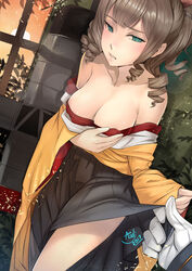  admiral_(kancolle) artist_name asdj black_hakama breasts brown_hair collarbone commentary drill_hair female green_eyes hakama hakama_skirt haori hatakaze_(kancolle) highres japanese_clothes kantai_collection kimono medium_breasts meiji_schoolgirl_uniform photoshop_(medium) short_hair skirt solo_focus wavy_hair white_kimono 