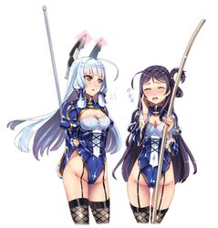  2girls arm_behind_back artoria_pendragon_(fate) black_hair blue_hair blue_leotard blush breasts cleavage commentary_request cosplay crossover fate/grand_order fate/stay_night fate_(series) flying_sweatdrops folded_hair framed_breasts garter_straps hand_on_own_cheek hand_on_own_face headgear hiememiko high_school_fleet highres holding holding_weapon kantai_collection leotard long_hair marikouji_kaede medium_breasts multiple_girls murakumo_(kancolle) open_mouth polearm saber_(fate) saber_(fate)_(cosplay) sidelocks simple_background tears thighhighs weapon white_background yuri 