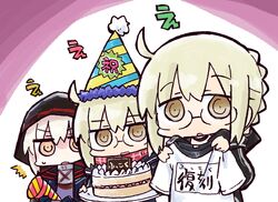  3girls :o ^^^ artoria_pendragon_(fate) birthday_cake black_jacket blonde_hair brown_eyes cake commentary_request diagonal_stripes fate/grand_order fate_(series) food glasses gym_shirt hair_between_eyes hat holding holding_clothes holding_plate holding_shirt jacket kasuga_yuuki long_sleeves multiple_girls mysterious_heroine_x_alter_(fate) mysterious_heroine_x_alter_(third_ascension)_(fate) name_tag parted_lips party_hat party_popper plate red_scarf scarf shirt short_sleeves sidelocks striped_clothes striped_headwear track_jacket translation_request wavy_mouth white_shirt 