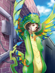  :&lt; aztec blue_sky blush braid brick_wall brown_eyes brown_hair closed_mouth cloud clover clover_hair_ornament commentary_request cosplay costume crying crying_with_eyes_open day female four-leaf_clover four-leaf_clover_hair_ornament gloves hair_ornament hair_over_shoulder hand_on_own_chest kigurumi long_hair looking_to_the_side luck_&amp;_logic nanahoshi_yukari official_art outdoors photoshop_(medium) quetzalcoatl_(luck_&amp;_logic) raised_eyebrows side_braid single_braid sky smoking_pipe solo standing tamaki_mitsune tears wings 