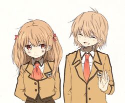  1boy brown_eyes brown_hair closed_eyes commentary_request couple female fujisaki_(blade3m) hisanuma_sayu isaki_kaname long_hair mihama_junior_high_school_uniform nagi_no_asukara school_uniform short_hair straight two_side_up waving 