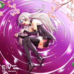  armor bent_knees black_boots black_dress black_gloves black_shirt black_skirt character_name cherry_blossom_tree code:_nemesis_(elsword) elbow_gloves elsword english_text eve_(elsword) eyebrows_visible_through_hair facial_marks female forehead_jewel knees_together laying_on_side legs_together lily_pad long_hair miniskirt orange_eyes panties pantyshot pink_water purple_water robot_ears short_dress short_skirt silver_hair solo thigh_boots thighhighs very_long_hair white_hair white_panties 