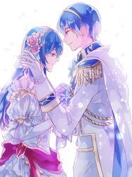  1boy aruba bare_shoulders blue_eyes blue_hair blush bouquet breasts bridal_veil bride caeda_(bridal)_(fire_emblem) caeda_(fire_emblem) cape cleavage commentary_request couple dress elbow_gloves female fire_emblem fire_emblem:_mystery_of_the_emblem fire_emblem_heroes flower formal gloves groom husband_and_wife jewelry long_hair marth_(fire_emblem) marth_(groom)_(fire_emblem) necklace open_mouth protected_link rose smile straight strapless suit tuxedo veil wavy_hair wedding wedding_dress white_dress white_flower white_gloves 