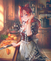  apron black_cat black_dress bottle bowl breasts brick_wall brown_hair cabinet carrot ceres_(shingeki_no_bahamut) colored_sclera commentary_request company_name cutting_board cygames dress feline female food from_side hair_between_eyes head_tilt highres housewife indoors jar kitchen kitchen_knife knife long_hair looking_at_viewer medium_breasts official_art okada_manabi onion osandon parted_lips photoshop_(medium) pot potato puffy_short_sleeves puffy_sleeves purple_eyes ribbon-trimmed_clothes ribbon_trim scar scar_on_face shingeki_no_bahamut short_sleeves smile spatula standing sunlight tile_floor tiles waist_apron watermark white_apron yellow_sclera 