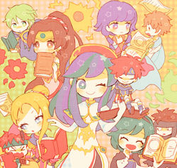  blue_eyes blue_hair blush book cape closed_eyes commentary_request dress fingerless_gloves fire_emblem fire_emblem:_mystery_of_the_emblem fire_emblem:_the_binding_blade fire_emblem:_the_blazing_blade fire_emblem_heroes gloves green_eyes green_hair hairband jaffar_(fire_emblem) kappaman lilina_(fire_emblem) linde_(fire_emblem) long_hair looking_at_viewer merric_(fire_emblem) multiple_girls nino_(fire_emblem) open_mouth red_hair roy_(fire_emblem) short_hair smile 