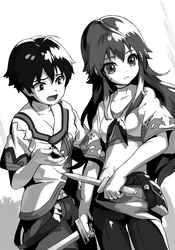  1boy aged_down collarbone cowboy_shot dual_wielding female greyscale highres holding holding_knife ikuta_sorouku knife long_hair midriff monochrome navel non-web_source novel_illustration official_art pants photoshop_(medium) sanbasou scar scar_on_cheek scar_on_face short_sleeves stomach tenkyou_no_alderamin yatorishino_xam 