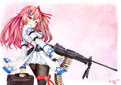  absurdres ammunition_belt arm_strap bag black_pantyhose blush bow braid breasts brown_bag commentary_request dated ebiko_yaki female from_side girls&#039;_frontline gloves gun hair_between_eyes hair_ornament hair_ribbon hairbow hairclip hexagram highres holding holding_bag holding_gun holding_weapon imi_negev israel jacket leg_ribbon light_machine_gun long_hair looking_at_viewer looking_back machine_gun medium_breasts mid-stride negev_(girls&#039;_frontline) one_side_up pantyhose pink_hair pleated_skirt red_bow red_eyes red_ribbon ribbon side_braid signature skirt smile solo star_of_david trigger_discipline walking weapon white_gloves white_skirt 