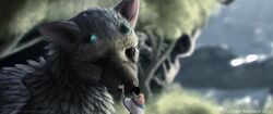  2016 ambiguous_gender avian beak black_beak black_eyes black_hair blue_horn blurred_background chimera clothing day digital_media_(artwork) duo falcrus feathers felid feline feral front_view fur grey_body grey_feathers grey_fur gryphon hair hi_res horn human hybrid japan_studio_(game_developer) larger_feral lolicon male mammal mythological_avian mythological_creature mythology outside plant robe size_difference smaller_human sony_corporation sony_interactive_entertainment tattoo text the_boy_(the_last_guardian) the_last_guardian tree trico_(species) trico_(the_last_guardian) url white_body white_skin young 