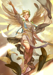  absurdres ancient_greek_clothes ankle_lace-up arm_at_side artist_name bad_id bad_pixiv_id blonde_hair blue_eyes blue_ribbon bracelet breasts chiton cloud cloudy_sky collar cross-laced_footwear dress eyelashes feathered_wings feathers female full_body glowing glowing_feather glowing_wings greco-roman_clothes hage2013 hand_up head_wreath headpiece high_ponytail highres holding holding_staff holding_weapon jewelry laurel_crown leaf light_smile long_sleeves looking_away mechanical_wings mercy_(overwatch) nose official_alternate_costume overwatch overwatch_1 parted_bangs parted_lips pelvic_curtain peplos pink_lips plant ribbon sandals shoes short_dress short_hair sky small_breasts solo staff standing teeth toeless_footwear toenails toes upper_teeth_only weapon white_dress white_wings winged_victory_mercy wings 