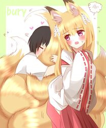  1boy animal_ear_fluff animal_ears blonde_hair blush commentary_request female fox_ears fox_tail hair_between_eyes hakama hakama_skirt heart highres hugging_another&#039;s_tail hugging_tail japanese_clothes kimono kitsune kyuubi large_tail long_hair miko multiple_tails non_(wednesday-classic) original purple_eyes red_hakama ribbon-trimmed_sleeves ribbon_trim shide skirt spoken_blush sweat tail tail_grab tail_on_face wide_sleeves 