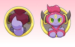  2018 blush blush_stickers digital_media_(artwork) facial_markings forehead_markings generation_6_pokemon gold_(metal) green_eyes head_markings hole_in_wall hoopa hoopa_(confined) horn horn_jewelry horn_ring jewelry kageyama legendary_pokemon markings nintendo pokemon pokemon_(species) purple_body ring_(jewelry) smile solo through_wall yellow_sclera 