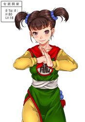  black_hair blush breasts china_dress chinese_clothes cowboy_shot dragon_quest dragon_quest_iii female fighter_(dq3) fighting_stance highres legs looking_at_viewer pink_eyes sakuradou simple_background small_breasts smile solo standing thighs twintails white_background 