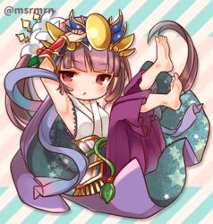  :o armpits arms_up bad_id bad_pixiv_id barefoot blush cape female hakama hakama_skirt japanese_clothes kimono long_hair lowres mashiro_miru purple_hair puzzle_&amp;_dragons red_eyes skirt very_long_hair yomi_(p&amp;d) 