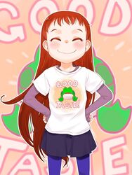  blue_legwear brown_hair closed_eyes english_text female female hands_on_hips hinako_(teruki_kuma) long_hair original pantyhose shirt smile solo t-shirt teruki_kuma 