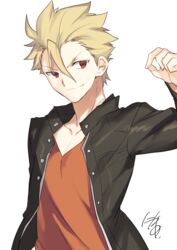  1boy arm_up artist_name brown_shirt closed_mouth collarbone commentary_request fate/prototype fate_(series) gilgamesh_(fate/prototype) grin hair_between_eyes highres jacket looking_at_viewer male_focus nikame open_clothes open_jacket shirt signature simple_background smile solo spiked_hair upper_body v-neck white_background 