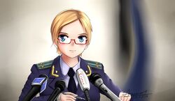  blonde_hair e-hentai_sample female glasses image_sample microphone military military_uniform natalia_poklonskaya parted_bangs real_life short_hair solo uniform 