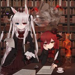  2girls alice_claudia animal_ears bad_id bad_pixiv_id bookshelf commentary_request dahlia_(tsukikage_nemu) hat heterochromia horns long_hair md5_mismatch mini_hat mini_top_hat multiple_girls original red_eyes red_hair resolution_mismatch source_larger top_hat tsukikage_nemu white_hair 