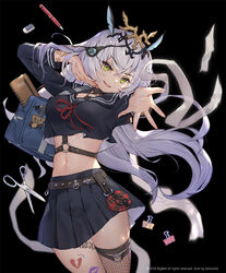  bag bandages bandaid bandaid_on_arm belt binder_clip black_sailor_collar black_shirt black_skirt breasts charm_(object) chest_harness choker commentary cowboy_shot crop_top crop_top_overhang eraser eyepatch female fishnet_thighhighs fishnets floating_hair green_eyes grey_hair harness head_tilt headgear heart highres honeycomb_(pattern) krishna_(soccer_spirits) long_hair long_sleeves looking_at_viewer medium_breasts midriff navel neck_ribbon notebook outstretched_hand parted_lips pen photoshop_(medium) plaid pleated_skirt red_ribbon ribbon sailor_collar school_bag school_uniform scissors serafuku shirt single_thighhigh skirt smile soccer_spirits solo standing star_(symbol) stomach tattoo thighhighs unworn_eyepatch v-shaped_eyebrows very_long_hair watermark whoisshe 