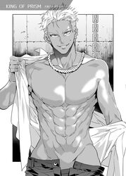  1boy abs chains character_name commentary_request copyright_name cowboy_shot dark-skinned_male dark_skin ear_piercing greyscale groin jewelry king_of_prism king_of_prism_by_prettyrhythm looking_at_viewer male_focus mizuryuu_kei monochrome muscular necklace nipples obliques open_fly outside_border pectorals piercing pretty_rhythm pretty_series shiny_skin solo sweatdrop undercut undressing yamato_alexander 