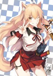  &gt;:) ;) animal_ear_fluff animal_ears bag blonde_hair blouse breasts checkered_background commentary_request cowboy_shot fate/extra fate/extra_ccc fate/extra_ccc_fox_tail fate_(series) female fox_ears fox_tail grin hair_between_eyes hakama hakama_short_skirt hakama_skirt highres holding holding_sword holding_weapon japanese_clothes katana long_hair looking_at_viewer medium_breasts neck_ribbon nikame one_eye_closed plaid plaid_skirt red_hakama red_ribbon red_skirt ribbon sash school_bag sheath shirt short_sleeves signature silhouette skirt smile solo suzuka_gozen_(fate) sword tail teeth v v-shaped_eyebrows weapon white_shirt wing_collar wristband yellow_eyes 