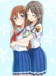  2girls abe_kanari black_hair blue_eyes brown_hair china_moeka closed_eyes commentary_request hair_down hair_ornament hairclip high_school_fleet hug hug_from_behind long_hair looking_at_another looking_back misaki_akeno multiple_girls neckerchief open_mouth photoshop_(medium) pleated_skirt school_uniform serafuku short_hair short_sleeves skirt smile yokosuka_girls_marine_high_school_uniform yuri 