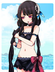  agi_(neckless) anette_(pso2) bikini black_bikini black_hair cloud commentary_request day female hair_ornament head_tilt long_hair low_twintails navel open_mouth phantasy_star phantasy_star_online_2 pointy_ears red_eyes sky solo standing swimsuit twintails very_long_hair water wet wringing_hair 