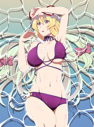  :o absurdres armpits bikini blonde_hair blush breasts calligraphy_brush calligraphy_brush_(medium) commentary_request female food graphite_(medium) groin hat highres kyoukyan large_breasts long_hair mixed_media mob_cap nail_polish navel o-ring o-ring_bikini paintbrush partially_submerged popsicle purple_bikini purple_eyes purple_nails sexually_suggestive solo swimsuit touhou traditional_media underboob untied very_long_hair wavy_hair yakumo_yukari 