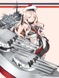  absurdres armpits beret black_gloves blonde_hair breasts cannon chiyo_goya commentary dress female gloves grey_eyes hair_between_eyes hat highres kantai_collection large_breasts long_hair looking_at_viewer machinery mole mole_under_eye multicolored_background pom_pom_(clothes) richelieu_(kancolle) rigging smile solo strapless strapless_dress turret very_long_hair wavy_hair white_gloves white_hat yellow_eyes 