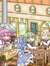  4girls :d :t ^_^ ahoge antennae barefoot black_neckwear black_vest blonde_hair blue_dress blue_eyes blue_hair bow brooch chair chalkboard cirno closed_eyes cola commentary_request counter cup dress drinking_glass eating eyebrows_visible_through_hat food green_eyes green_hair hair_between_eyes hairbow hat highres indoors jewelry leg_lift long_sleeves looking_at_another looking_at_viewer multiple_girls mystia_lorelei napkin open_mouth outstretched_arms oven pink_eyes pink_hair pizza plant plate potted_plant puffy_short_sleeves puffy_sleeves restaurant rumia short_hair short_sleeves sitting smile spread_arms standing standing_on_one_leg tabasco table takanoru team_9_(touhou) touhou vest window wings wooden_floor wriggle_nightbug 