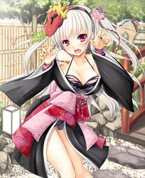  alto_seneka bamboo_fence black_bra bra breasts bridge claw_pose cleavage commentary_request day fake_nails female fence garden grey_hair halterneck japanese_clothes kimono long_hair mask medium_breasts multicolored_nails nail_art nail_polish oerba_yun_fang oni_mask open_mouth original outdoors peropero_saimin red_eyes solo tree twintails underwear yellow_nails yuujo 