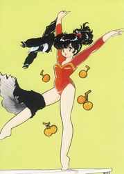  1980s_(style) :d arms_up athletic_leotard azuma_hideo balance_beam barefoot black_hair black_serafuku black_shirt black_skirt blue_eyes bow breasts cherry female food from_side fruit full_body green_background gymnastics hairbow happy high_ponytail highleg highleg_leotard highres holding holding_clothes holding_shirt leg_lift leg_up legs legs_apart lemon_people leotard long_hair long_legs long_sleeves looking_to_the_side neckerchief open_mouth plantar_flexion pleated_skirt ponytail red_bow red_leotard retro_artstyle school_uniform serafuku shirt short_ponytail simple_background skirt skirt_around_one_leg small_breasts smile solo standing standing_on_one_leg third-party_source tiptoes undressing unworn_shirt white_neckerchief 