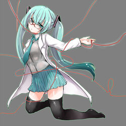  aqua_eyes aqua_hair aqua_skirt aqua_tie black_socks black_stockings breasts eyebrows_visible_though_hair feet glasses green_outline grey_background grey_shirt half-closed_eyes hatsune_miku kneeling lab_coat pleated_skirt red_glasses red_string simple_background stockings string_around_arm string_around_finger vocaloid white_coat white_outline 