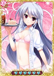  bra cake card_(medium) collarbone female food grey_hair grisaia_(series) grisaia_no_kajitsu kazami_kazuki long_hair looking_at_viewer navel open_clothes open_shirt panties pink_bra pink_panties red_eyes shirt smile solo underwear white_shirt 