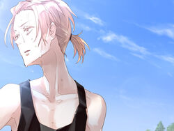  1boy blonde_hair blue_sky collarbone commentary_request day freckles hair_tie hiwomushi kashiwazaki_akane kaze_ga_tsuyoku_fuiteiru looking_away male_focus outdoors parted_lips short_ponytail sky solo standing sweat track_uniform tree upper_body 