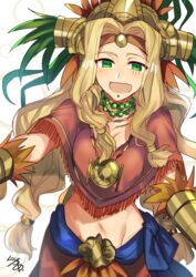  :d artist_name aztec blonde_hair chin_piercing circlet commentary_request fate/grand_order fate_(series) female green_eyes half-closed_eyes headdress highres long_hair looking_at_viewer nikame oerba_yun_fang open_mouth quetzalcoatl_(fate) signature smile solo upper_body wavy_hair 