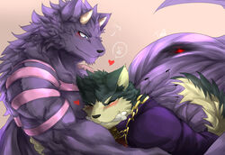  absurd_res anthro bathym_(tas) blush bone canid canine canis chains closed_eyes demon domestic_dog duo fur garmr_(tas) happy hi_res hug kemono lifewonders male mammal muscular purple_body purple_fur smile tach8 tokyo_afterschool_summoners wolf 