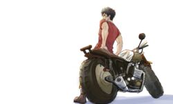  1boy akira1182 black_hair brown_footwear commentary_request full_body joe_(megalo_box) male_focus megalo_box motor_vehicle motorcycle on_motorcycle red_shirt scar shirt simple_background solo standing white_background 