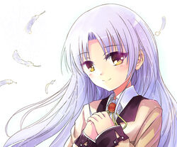  angel_beats! blazer commentary_request feathers female grey_hair highres jacket long_hair school_uniform smile solo tachibana_kanade tazu yellow_eyes 