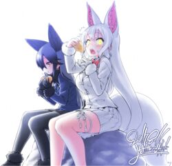  2girls :t ^^^ alpha_signature animal_ears black_bow black_bowtie black_gloves black_pantyhose black_skirt blazer blush bow bowtie breasts closed_mouth commentary dated eating food fox_ears fox_tail from_side fur_trim gloves hair_between_eyes holding holding_food inarizushi jacket kemono_friends large_breasts long_hair long_sleeves multiple_girls oinari-sama_(kemono_friends) pantyhose pleated_skirt red_bow rock signature silver_fox_(kemono_friends) single_glove sitting skirt sushi sweatdrop tail very_long_hair wavy_mouth white_background white_gloves white_hair white_skirt yellow_eyes yoshida_hideyuki 