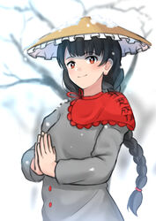  ajirogasa bad_id bad_pixiv_id black_hair black_hat braid buttons capelet clothes_writing dress female grey_dress hat highres long_earlobes long_hair own_hands_together red_capelet red_eyes ribbon smile snow solo touhou tree twin_braids ucukrtz yatadera_narumi 