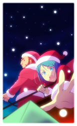  2boys beard blush commentary_request facial_hair fate/zero fate_(series) green_eyes green_hair hat iskandar_(fate) iskandar_(sensha_otoko)_(fate) maki_unu multiple_boys red_eyes red_hair santa_costume santa_hat sensha_otoko snowing waver_velvet waver_velvet_(sensha_otoko) 