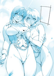  2girls ahoge bad_id bad_pixiv_id blue_theme blush breast_tattoo breasts cleavage commentary_request corset cowboy_shot frilled_panties frills groin groping hair_between_eyes heart highleg highleg_panties highres hip_focus large_breasts long_hair looking_at_viewer monochrome multiple_girls original panties parted_lips sasaoka_gungu short_hair smile sweat tattoo thighs underwear wrist_cuffs 