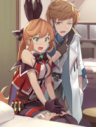  1boy bare_shoulders bed belt black_bow black_gloves black_legwear black_ribbon blush bow bowtie breasts brown_eyes brown_hair clarisse_(granblue_fantasy) commentary doctor_(granblue_fantasy) embarrassed female gloves gran_(granblue_fantasy) granblue_fantasy green_eyes hair_between_eyes hair_ribbon hairbow hand_in_pocket hinami_(hinatamizu) hospital_bed indoors jacket lab_coat long_hair mask mask_pull medium_breasts mouth_mask one_eye_closed open_mouth orange_hair ponytail red_jacket ribbon sitting skirt sleeveless surgical_mask test_tube thighhighs zettai_ryouiki 